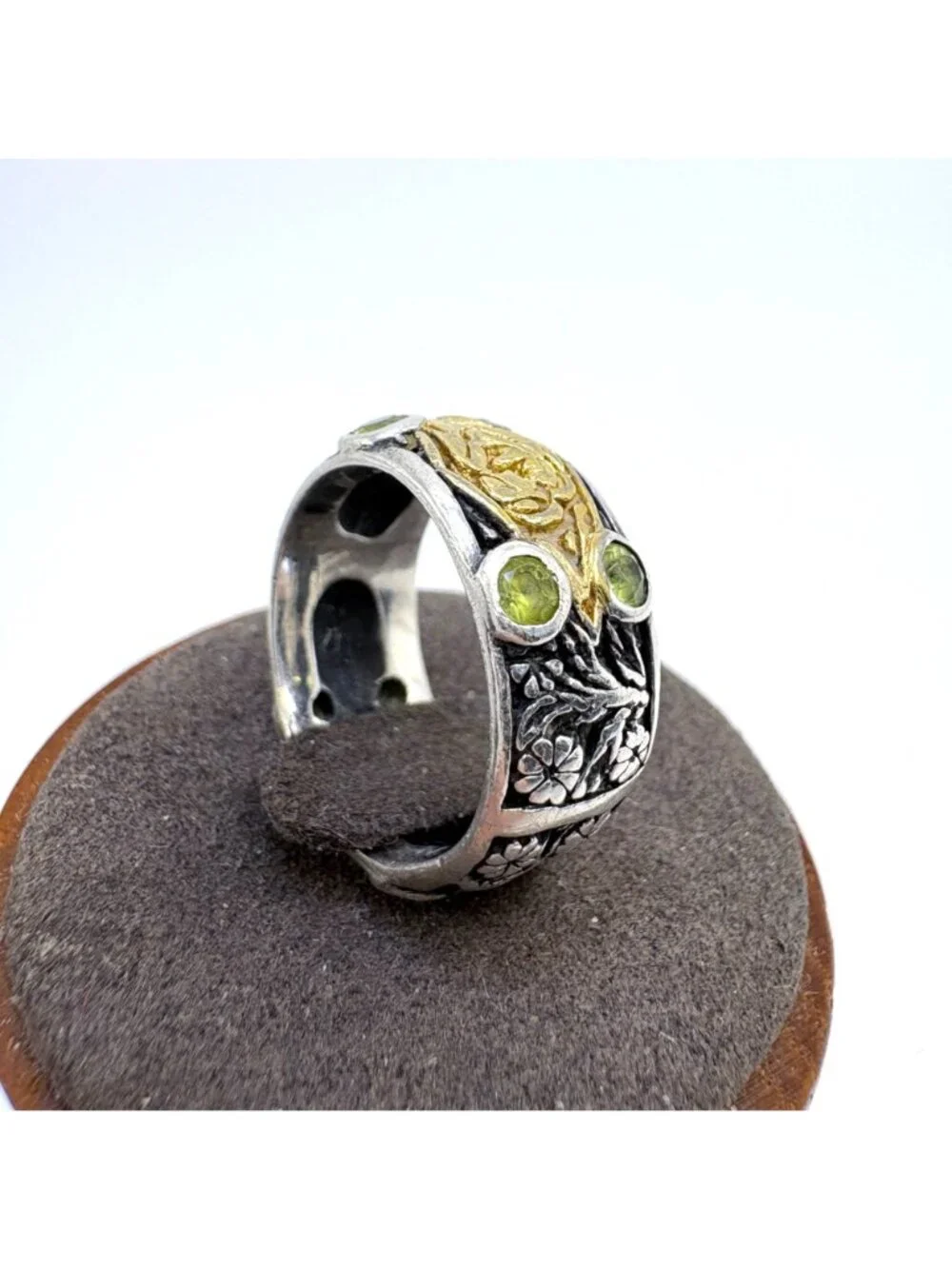 Peridot Band Dogwood Flower Branch Design Ring 18k & Sterling Silver SZ 8